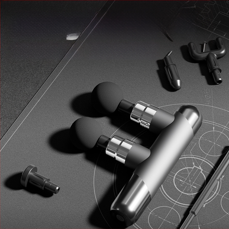 Raumenų masažo pistole su 6+ galvutėmis, įkraunama baterija 1200–2000 mAh, kompaktiška nešiojama, keli greičiai, garsas < 36 dB