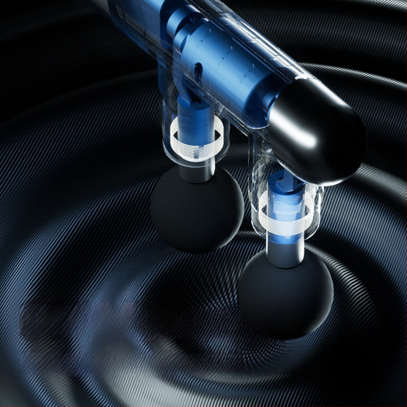 Raumenų masažo pistole su 6+ galvutėmis, įkraunama baterija 1200–2000 mAh, kompaktiška nešiojama, keli greičiai, garsas < 36 dB