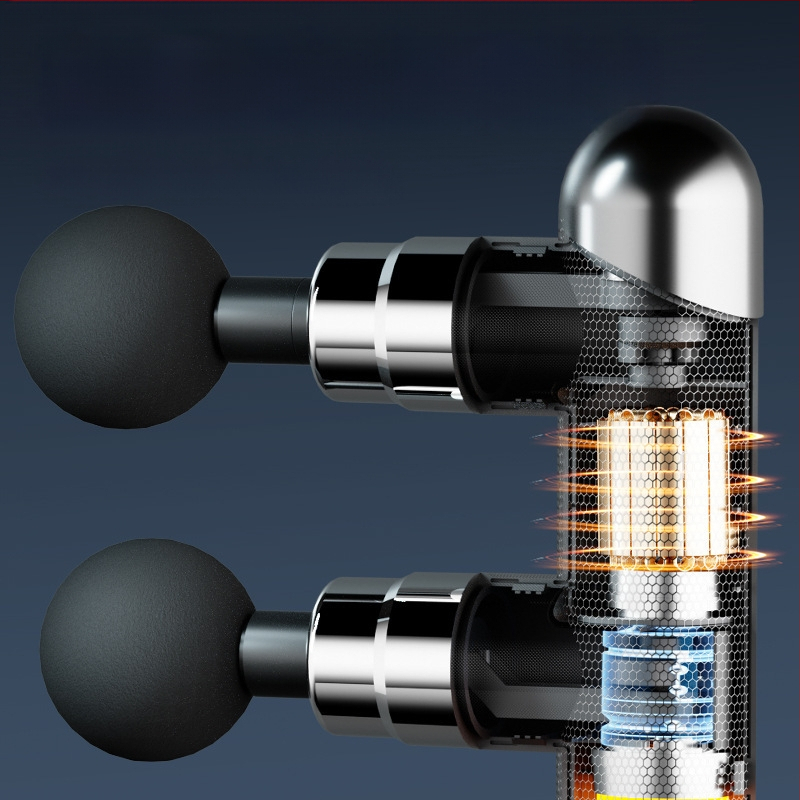 Raumenų masažo pistole su 6+ galvutėmis, įkraunama baterija 1200–2000 mAh, kompaktiška nešiojama, keli greičiai, garsas < 36 dB