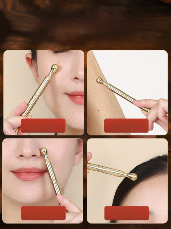 Bronzinė ilga akupunktūrinė lazdelė kojų masažui – akupresūros įrankis su meridianų žemėlapiu ir apsauginiu gaubtuvu