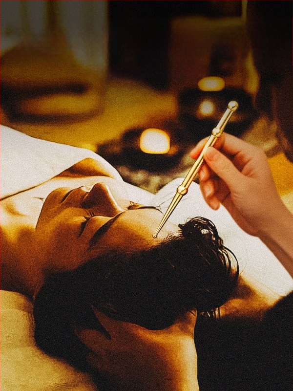 Bronzinė ilga akupunktūrinė lazdelė kojų masažui – akupresūros įrankis su meridianų žemėlapiu ir apsauginiu gaubtuvu