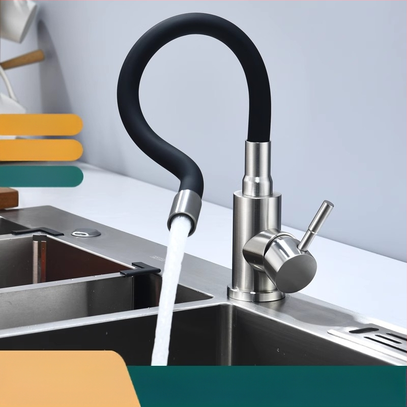 Кухненски смесител от неръждаема стомана с финиш с четка, гореща и студена вода, керамичен дисков клапан, управление с повдигане