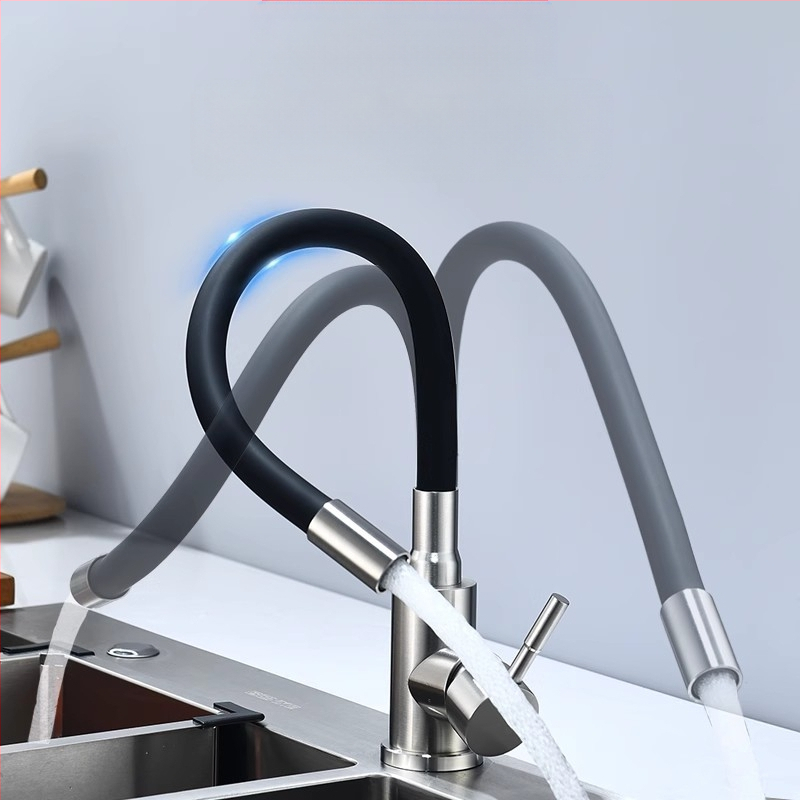 Кухненски смесител от неръждаема стомана с финиш с четка, гореща и студена вода, керамичен дисков клапан, управление с повдигане