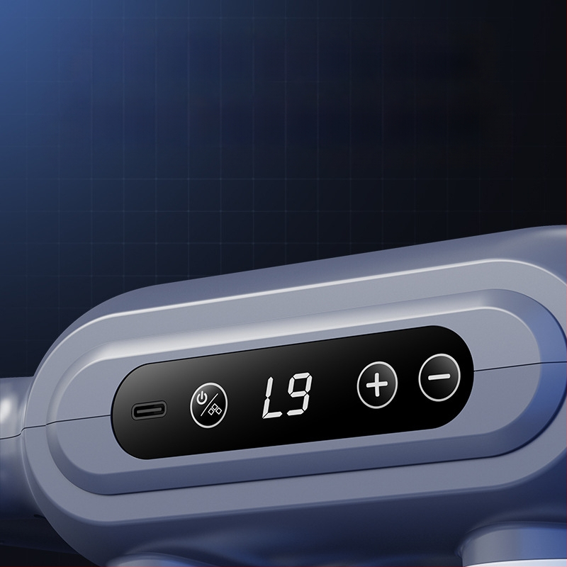 Profesionalus nešiojamas perkusinis masažuoklis su 6+ galvomis, šepetinis variklis, LCD ekranas, 5+ greičiai, įkraunamas, tylus.