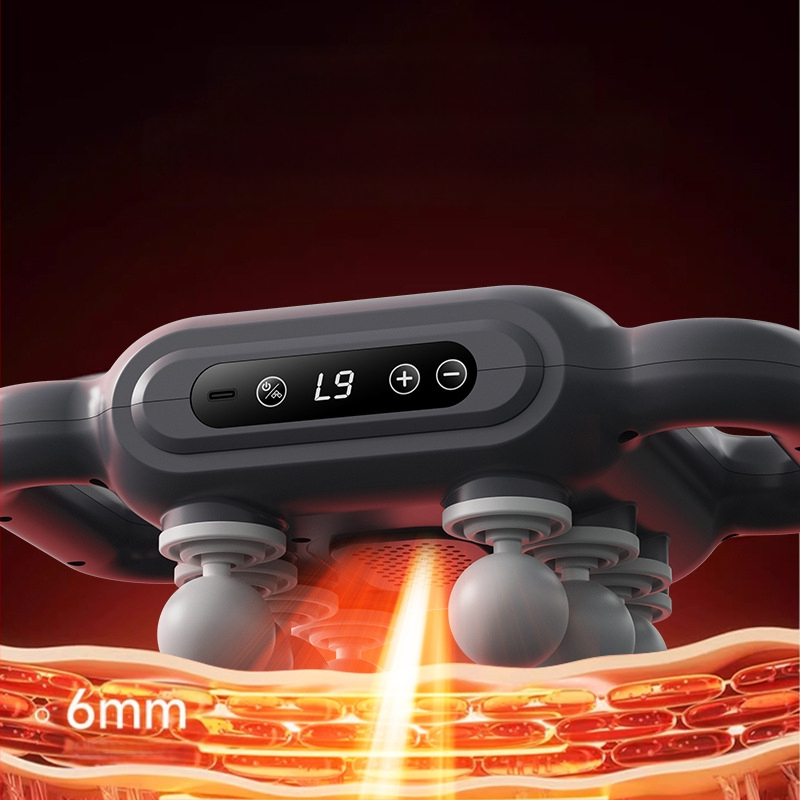 Profesionalus nešiojamas perkusinis masažuoklis su 6+ galvomis, šepetinis variklis, LCD ekranas, 5+ greičiai, įkraunamas, tylus.