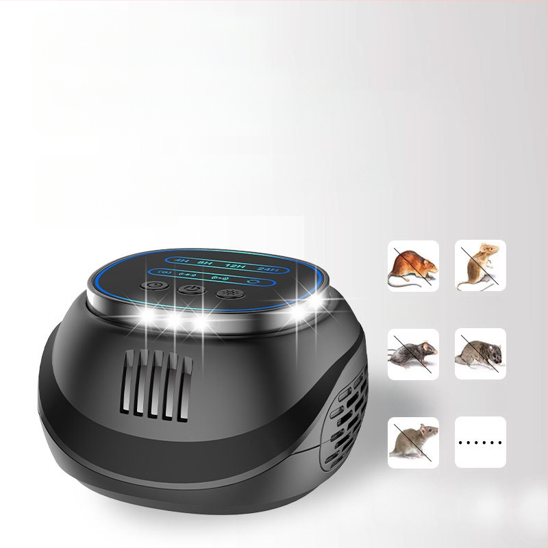 Laiko reguliuojamas ultragarso atbaidytuvas pelėms ir kenkėjams su keturkampėmis mirgančiomis šviesomis, kvadratinė korpuso forma, 220V, 5W