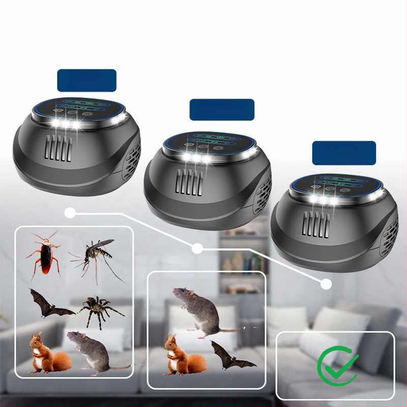 Laiko reguliuojamas ultragarso atbaidytuvas pelėms ir kenkėjams su keturkampėmis mirgančiomis šviesomis, kvadratinė korpuso forma, 220V, 5W