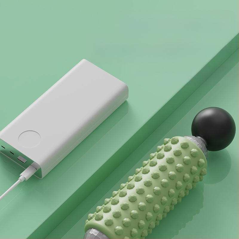 Elektriskā masāžas nūjiņa fitnesam un jogai, USB barošana, mehāniska kontrole, maināms ātrums, 4 apaļas masāžas galvas, forma: taisnstūra trapece, piemērots galvai, kaklam, viduklim un gurniem.