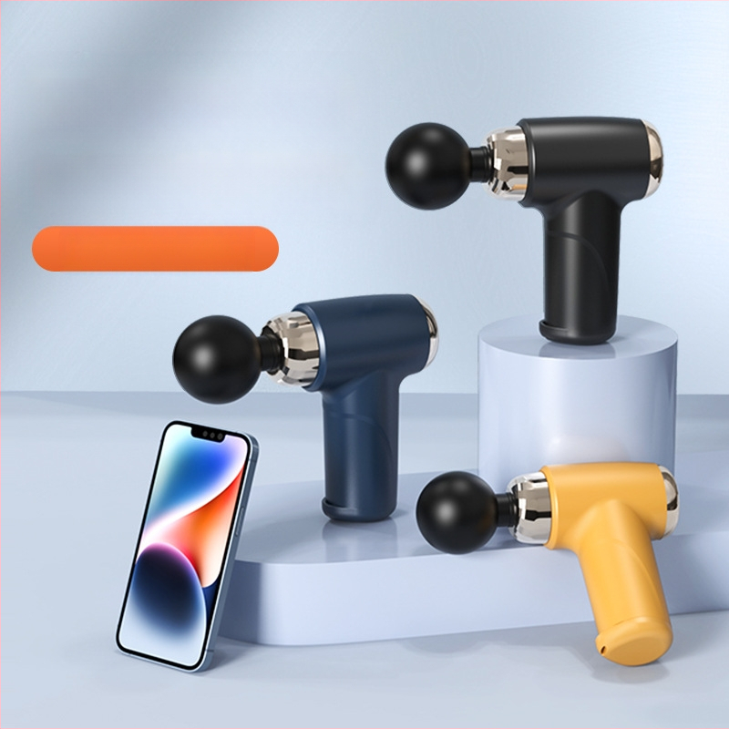 USB fascijas masāžas pistole – muskuļu atslābināšanai, 4 galviņas, birstes motors, 3 ātrumi ar regulējumu, troksnis zem 36 dB, darbības laiks 3–6 h