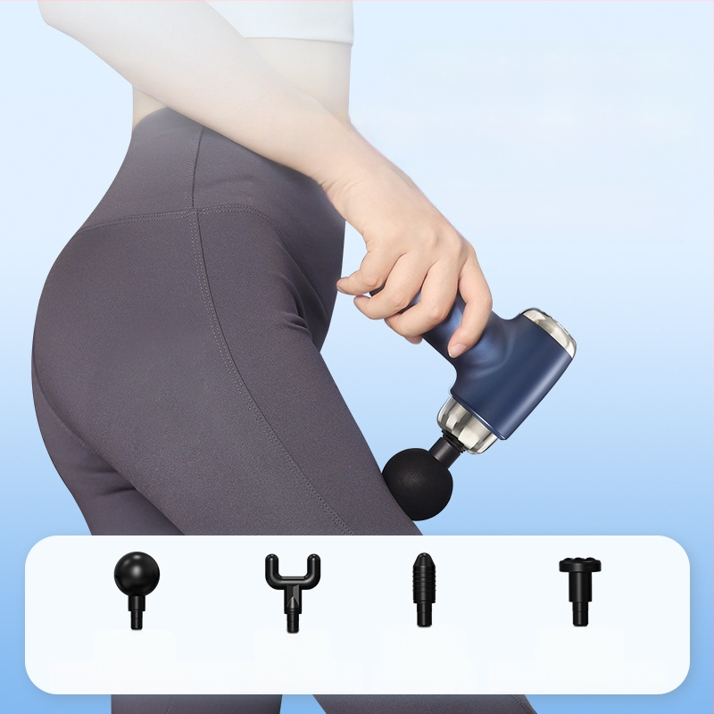 USB fascijas masāžas pistole – muskuļu atslābināšanai, 4 galviņas, birstes motors, 3 ātrumi ar regulējumu, troksnis zem 36 dB, darbības laiks 3–6 h