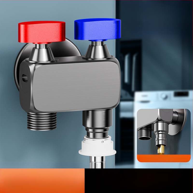 Nurga ventiil pesumas masinai, suur voolavus, 1 sisend / 2 väljundit, vask, seinale paigaldus, veesulgus funktsiooniga