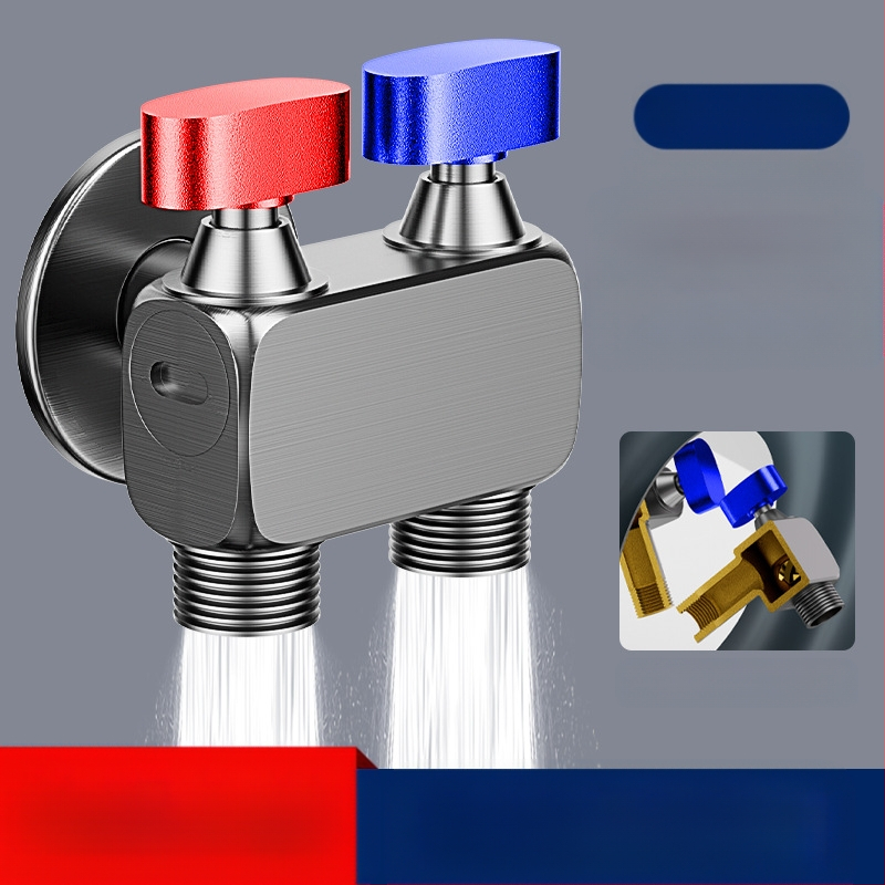 Nurga ventiil pesumas masinai, suur voolavus, 1 sisend / 2 väljundit, vask, seinale paigaldus, veesulgus funktsiooniga