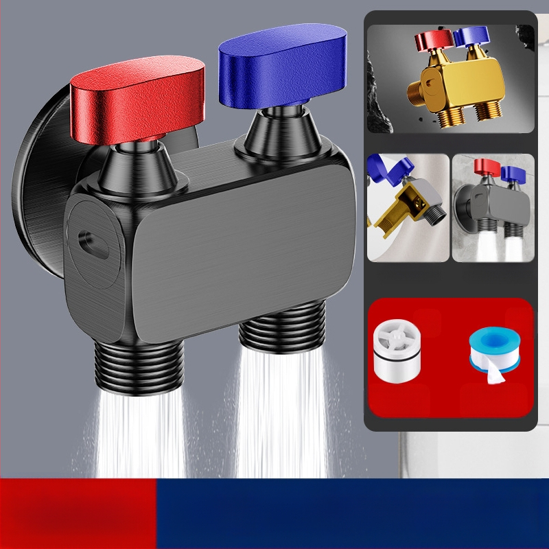 Nurga ventiil pesumas masinai, suur voolavus, 1 sisend / 2 väljundit, vask, seinale paigaldus, veesulgus funktsiooniga