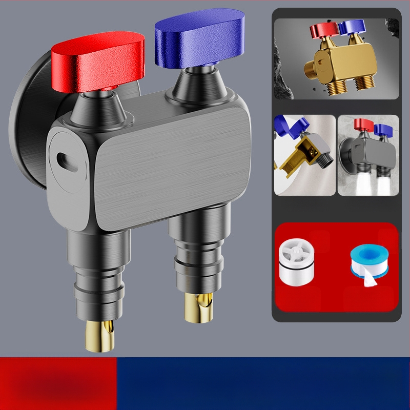 Nurga ventiil pesumas masinai, suur voolavus, 1 sisend / 2 väljundit, vask, seinale paigaldus, veesulgus funktsiooniga