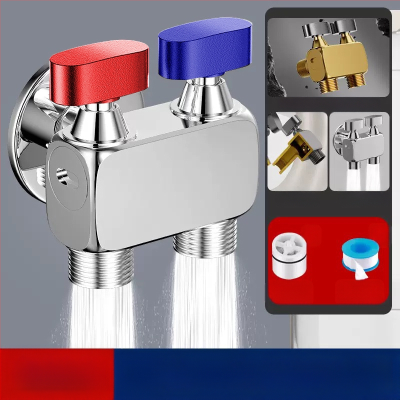 Nurga ventiil pesumas masinai, suur voolavus, 1 sisend / 2 väljundit, vask, seinale paigaldus, veesulgus funktsiooniga