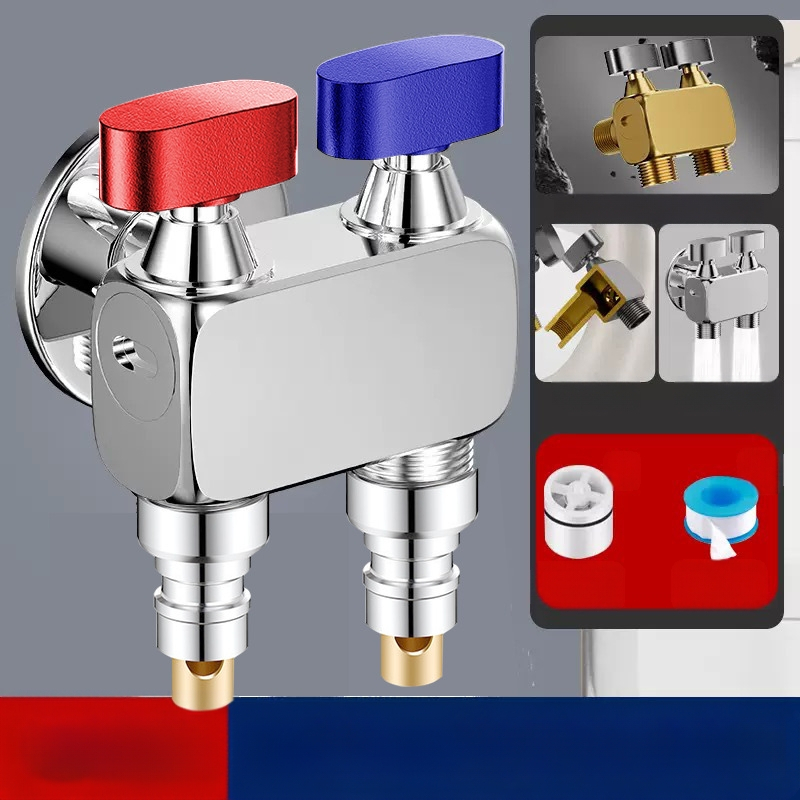 Nurga ventiil pesumas masinai, suur voolavus, 1 sisend / 2 väljundit, vask, seinale paigaldus, veesulgus funktsiooniga