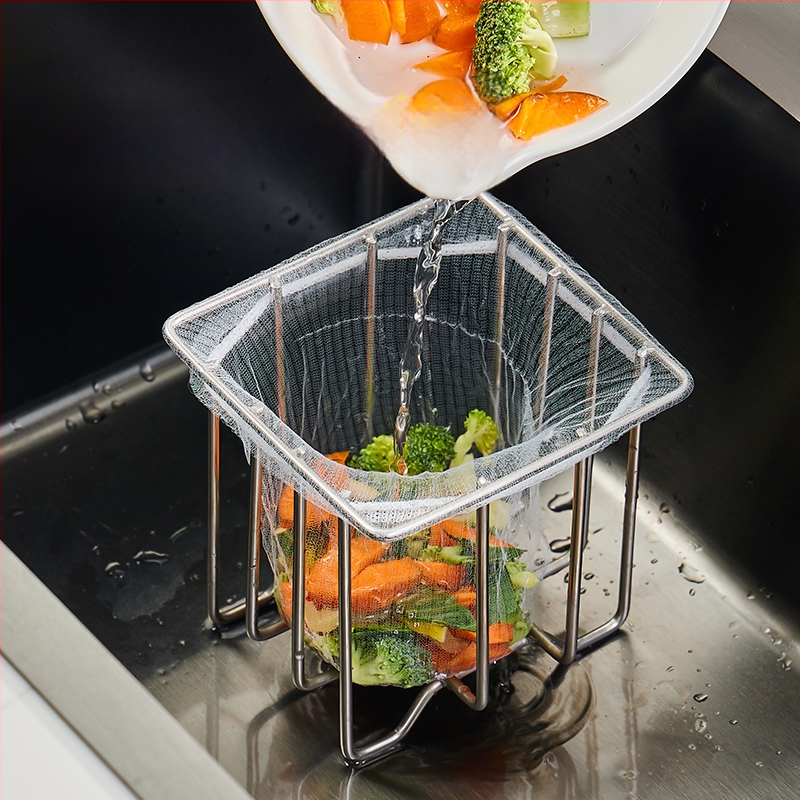 Ανοξείδωτο φίλτρο νεροχύτη με ράφι αποθήκευσης και ενσωματωμένο καλάθι αποστράγγισης — οργανωτής κουζίνας