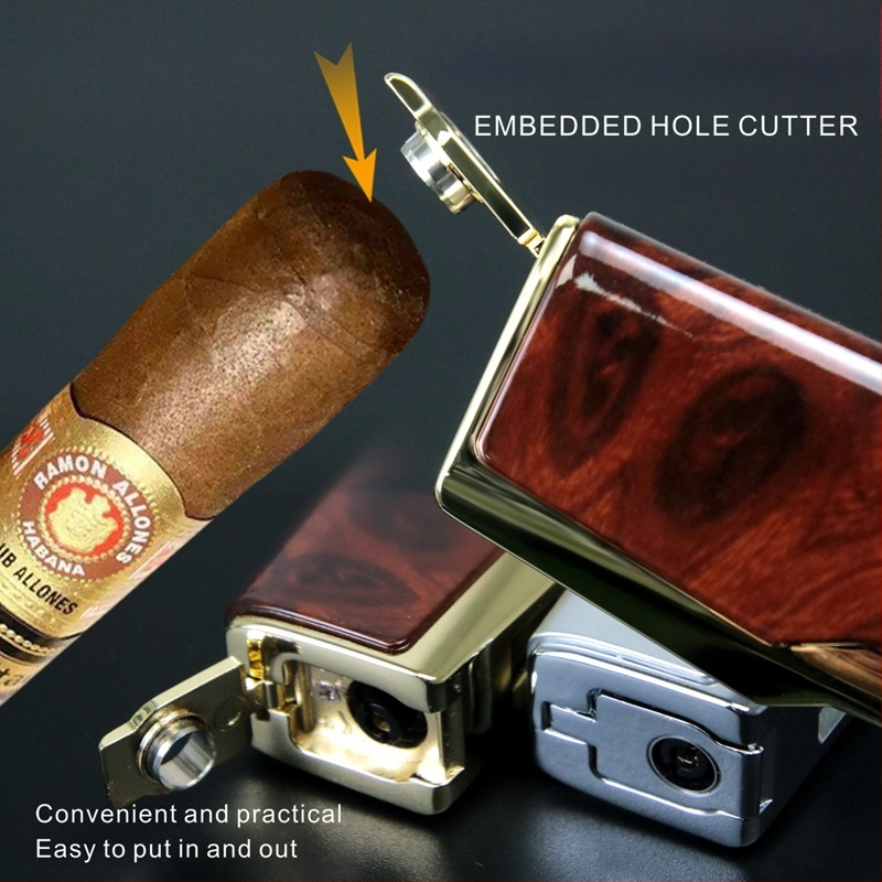 Metalinė butaninė uždegimo priemonė, vėjo atspari, su cigaro pjovikliu ir cigaro laikikliu