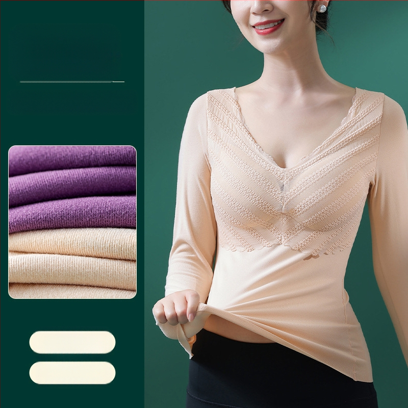 Top de bază feminin cu decolteu în V, mâneci lungi, dantelă, pernă pentru bust, țesătură groasă din poliester