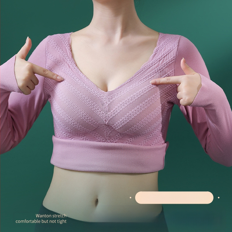 Top de bază feminin cu decolteu în V, mâneci lungi, dantelă, pernă pentru bust, țesătură groasă din poliester