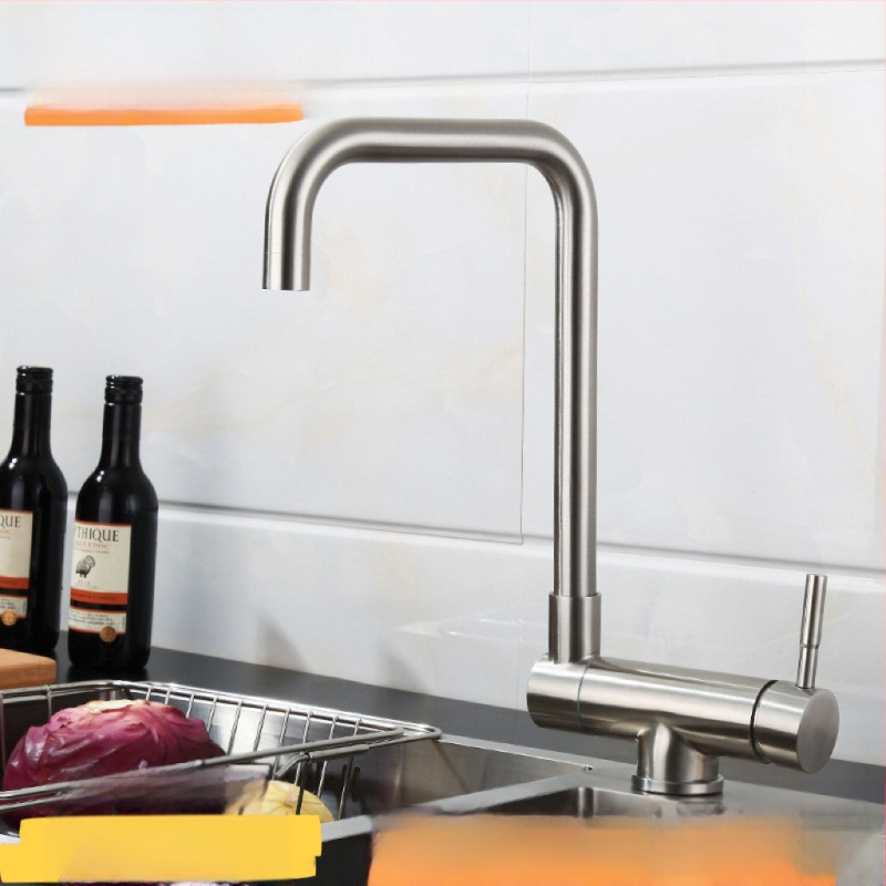 Кухненски смесител от неръждаема стомана 304, двойна конструкция, керамичен картридж, вертикален монтаж, модел HJ410