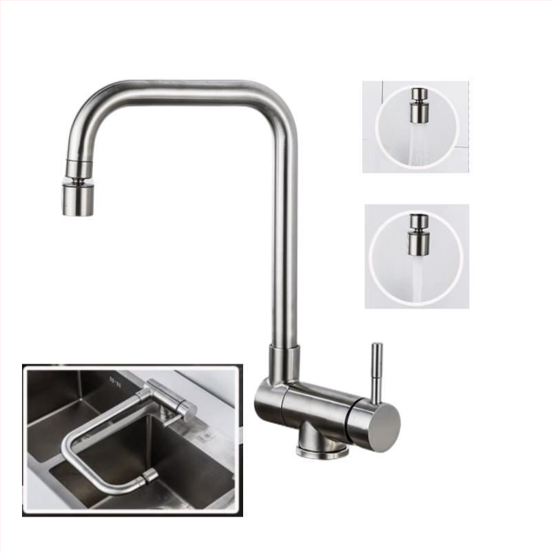 Кухненски смесител от неръждаема стомана 304, двойна конструкция, керамичен картридж, вертикален монтаж, модел HJ410