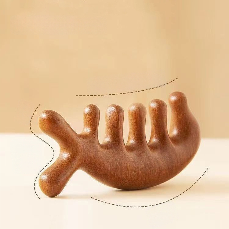 Medinis masažinis šukos iš sandalmedžio galvos odos ir veido masažai, penki dantys, meridijano dizainas