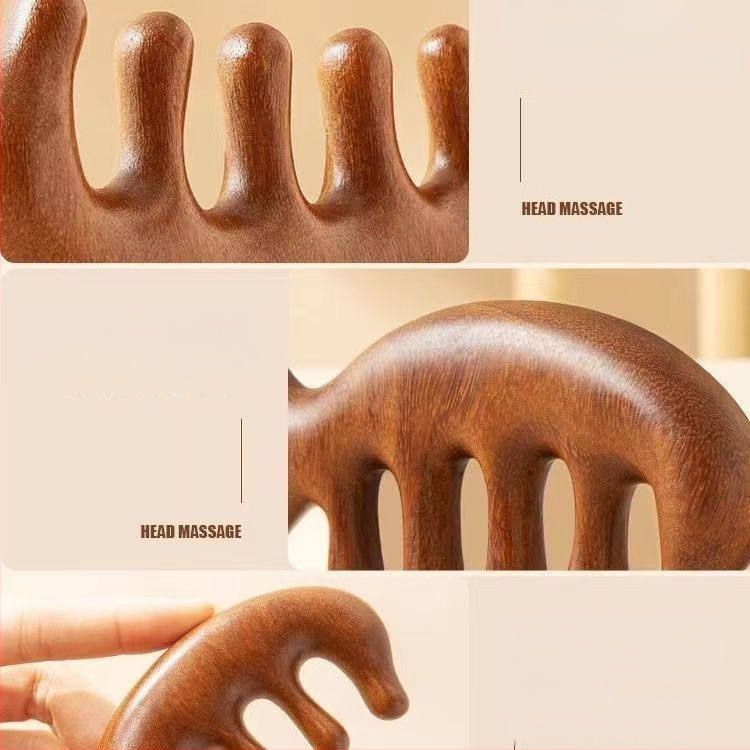 Medinis masažinis šukos iš sandalmedžio galvos odos ir veido masažai, penki dantys, meridijano dizainas