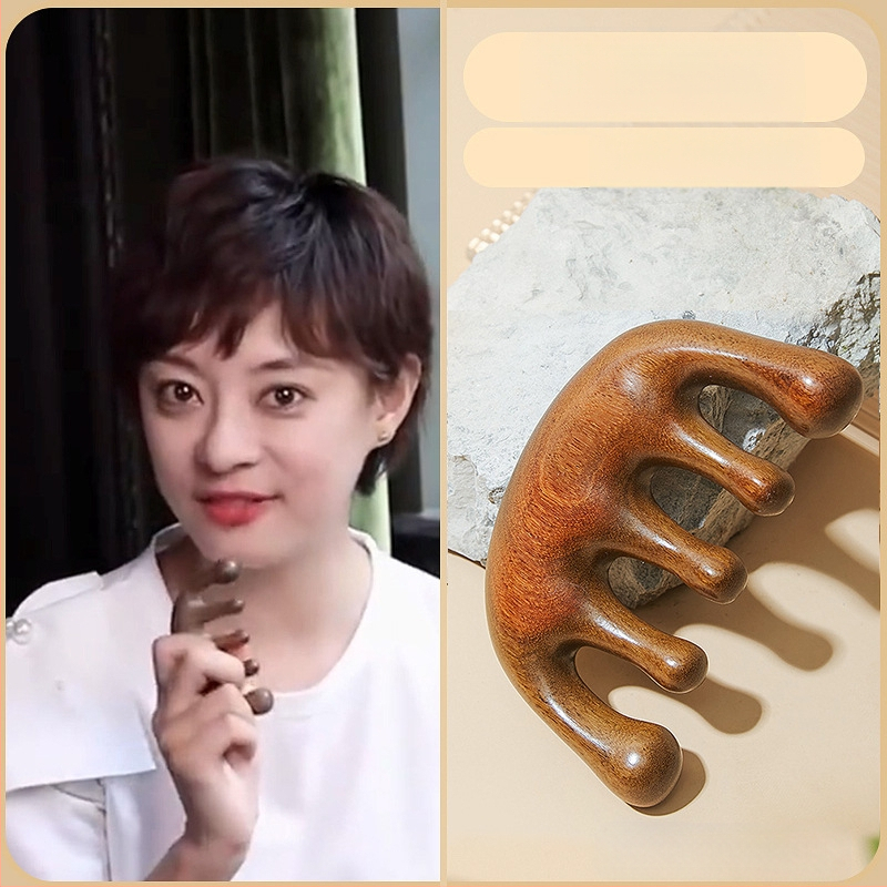 Medinis masažinis šukos iš sandalmedžio galvos odos ir veido masažai, penki dantys, meridijano dizainas