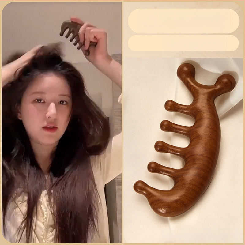 Medinis masažinis šukos iš sandalmedžio galvos odos ir veido masažai, penki dantys, meridijano dizainas