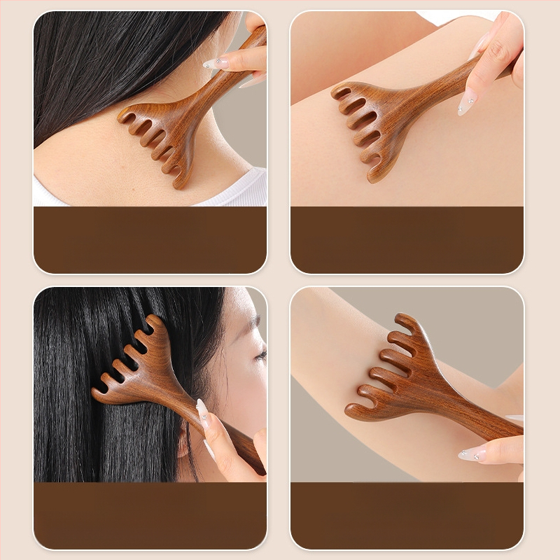 Medinis masažinis šukos iš sandalmedžio galvos odos ir veido masažai, penki dantys, meridijano dizainas