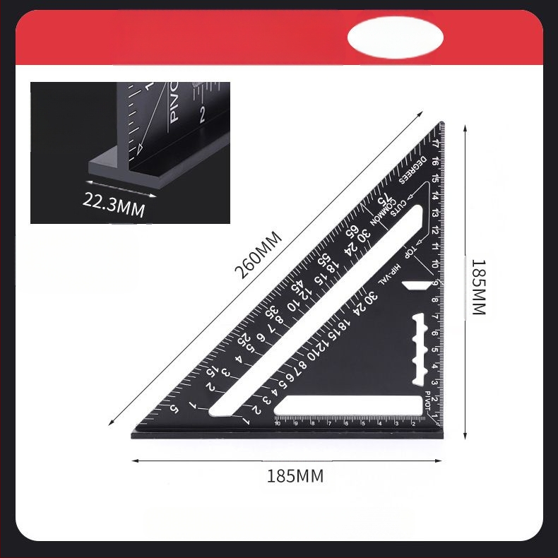 Многофункционален триъгълник за дърводелство, високопрецизен, с удебелен корпус, 45° ъгъл, от неръждаема стомана и алуминиева сплав