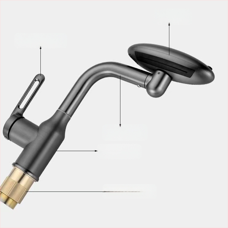 Nerūdijančio plieno praustuvo maišytuvo – krioklio srautas, karštas/šaltos, ant stalviršio montuojamas, pasukamas (Modelis: Flying Saucer praustuvo maišytuvo; Medžiaga: nerūdijantis plienas; Keraminių vožtuvų šerdis; Darbinė temperatūra 0–90°C; Montavimas: