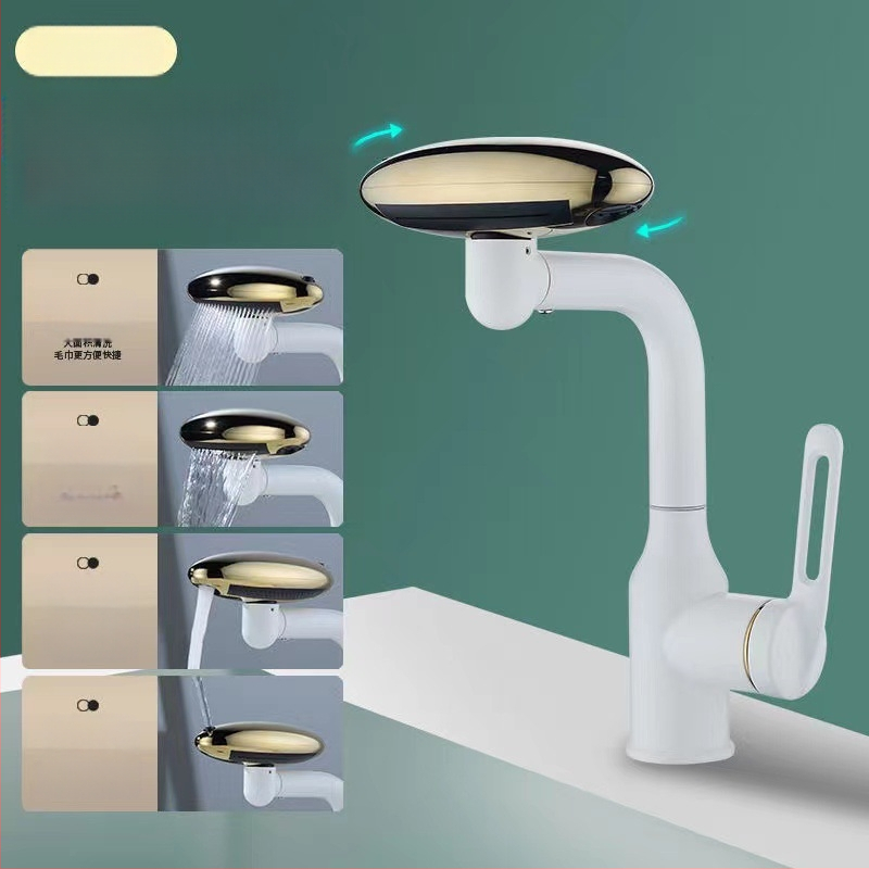 Nerūdijančio plieno praustuvo maišytuvo – krioklio srautas, karštas/šaltos, ant stalviršio montuojamas, pasukamas (Modelis: Flying Saucer praustuvo maišytuvo; Medžiaga: nerūdijantis plienas; Keraminių vožtuvų šerdis; Darbinė temperatūra 0–90°C; Montavimas: