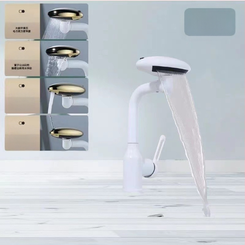 Nerūdijančio plieno praustuvo maišytuvo – krioklio srautas, karštas/šaltos, ant stalviršio montuojamas, pasukamas (Modelis: Flying Saucer praustuvo maišytuvo; Medžiaga: nerūdijantis plienas; Keraminių vožtuvų šerdis; Darbinė temperatūra 0–90°C; Montavimas: