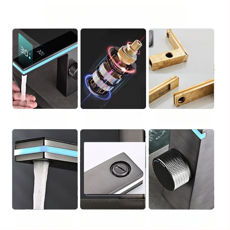 Praustuvo maišytuvas su ambientiniu apšvietimu ir išmaniu skaitmeniniu ekranu, varinis korpusas, keraminių diskų vožtuvas, 1–90°C