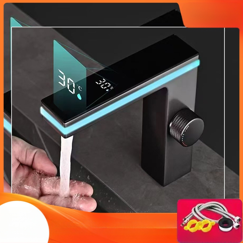 Praustuvo maišytuvas su ambientiniu apšvietimu ir išmaniu skaitmeniniu ekranu, varinis korpusas, keraminių diskų vožtuvas, 1–90°C