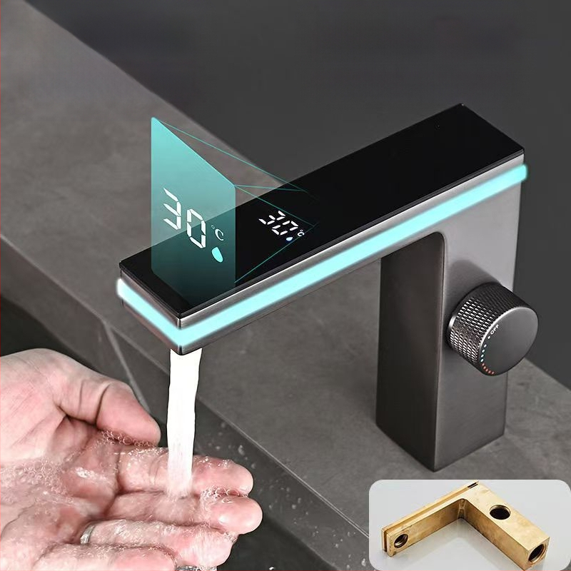 Praustuvo maišytuvas su ambientiniu apšvietimu ir išmaniu skaitmeniniu ekranu, varinis korpusas, keraminių diskų vožtuvas, 1–90°C