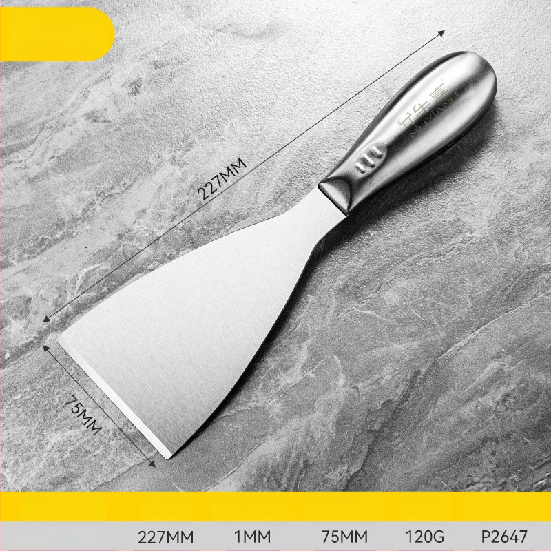 Шпакловъчен нож-скрепер от неръждаема стомана, едно тяло, дебелостенна конструкция, саблевиден връх за шпакловане на стени