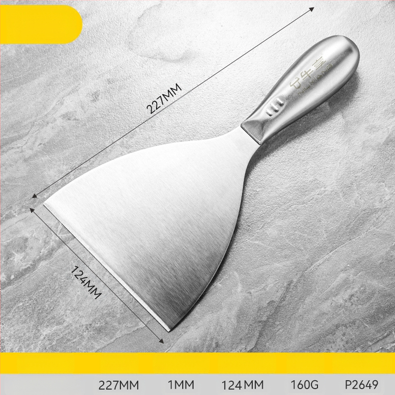 Шпакловъчен нож-скрепер от неръждаема стомана, едно тяло, дебелостенна конструкция, саблевиден връх за шпакловане на стени