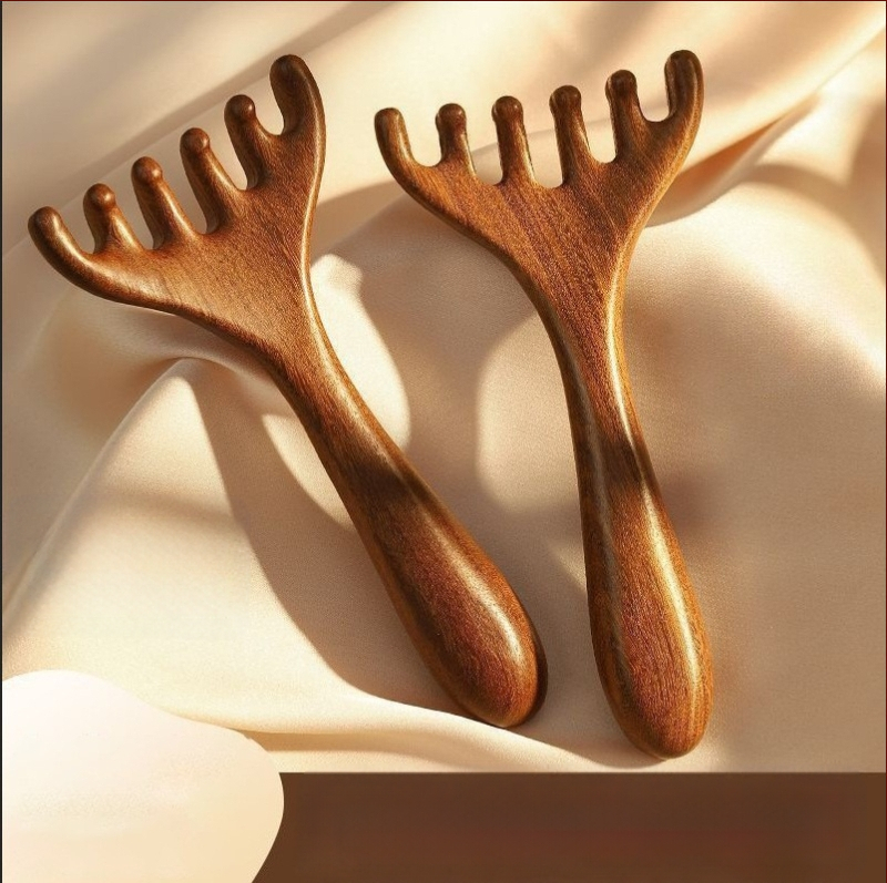 Pieptene de masaj din lemn de santal pentru cap, față și scalp – masaj meridian