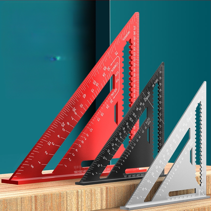 Алуминиев триъгълник-правило за дърводелство, с двойни английски/метрични скали, 90° ъгъл, висока прецизност