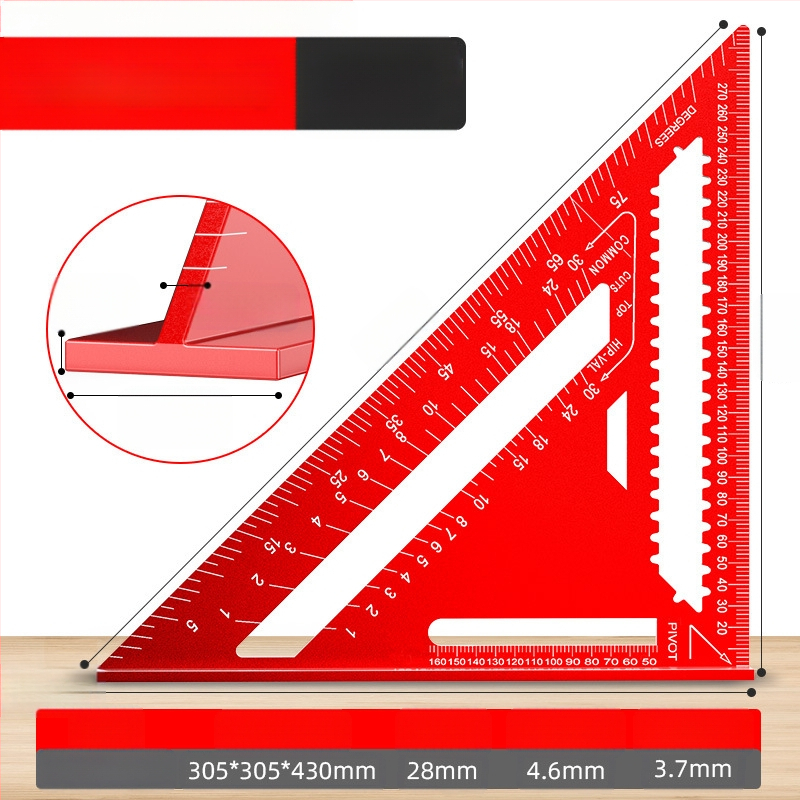 Алуминиев триъгълник-правило за дърводелство, с двойни английски/метрични скали, 90° ъгъл, висока прецизност