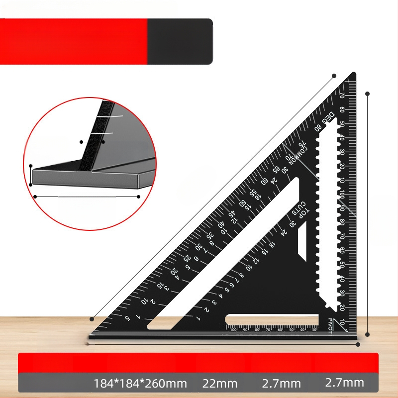 Алуминиев триъгълник-правило за дърводелство, с двойни английски/метрични скали, 90° ъгъл, висока прецизност