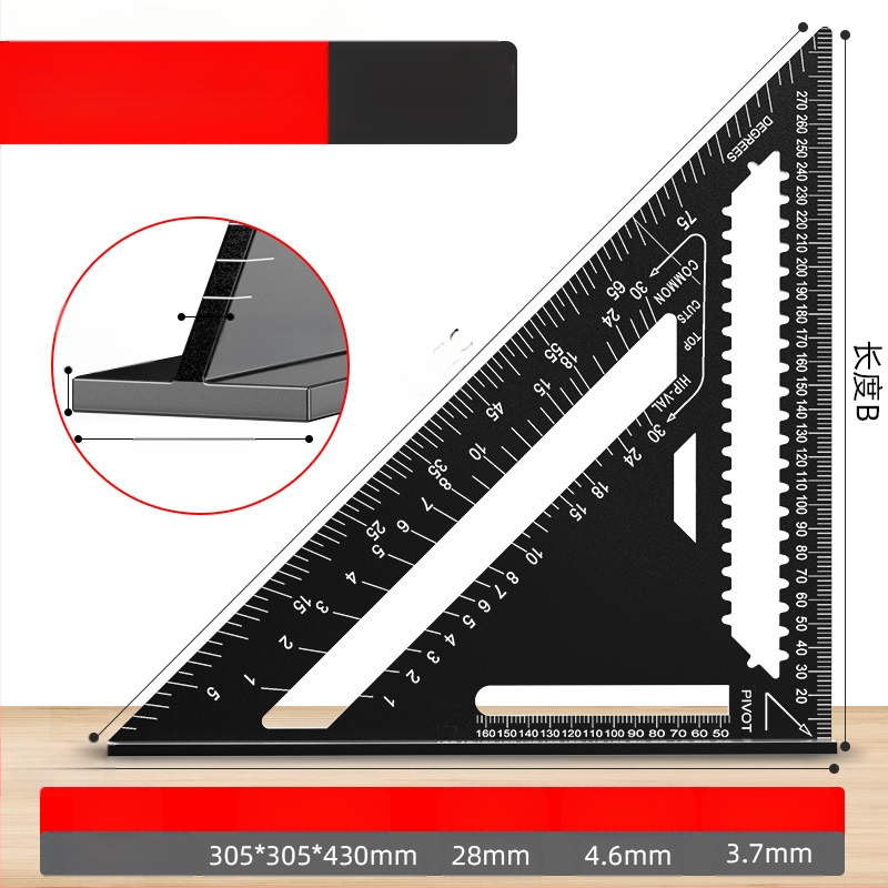 Алуминиев триъгълник-правило за дърводелство, с двойни английски/метрични скали, 90° ъгъл, висока прецизност