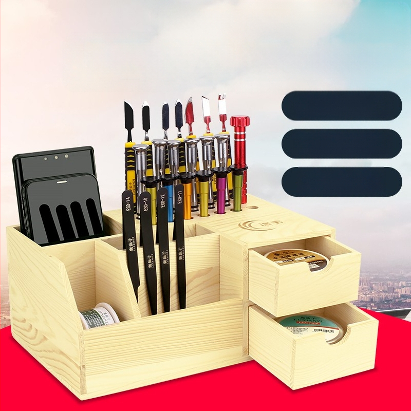 Medinis atsuktuvų laikiklis, daugiafunkcinis mobiliųjų telefonų remonto įrankių organizatorius ir darbo stalas