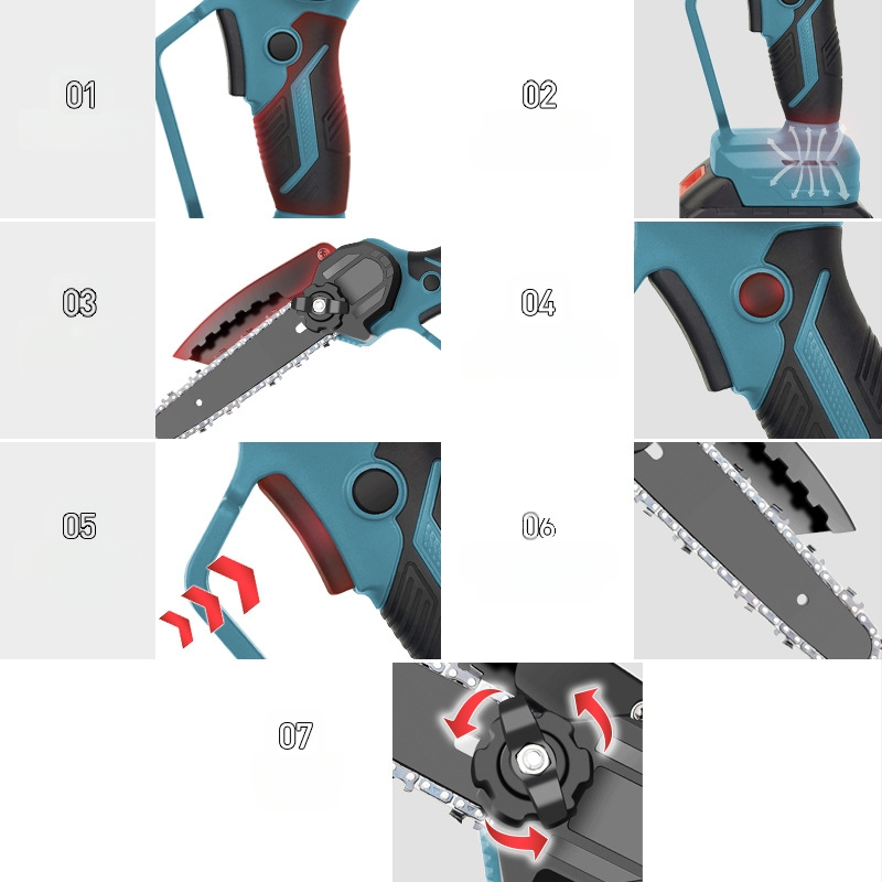 Електрическа верижна резачка, ръчна, с презареждаща литиева батерия; 21V, веригата – манганова стомана; приложение: подрязване и сечене на дървета