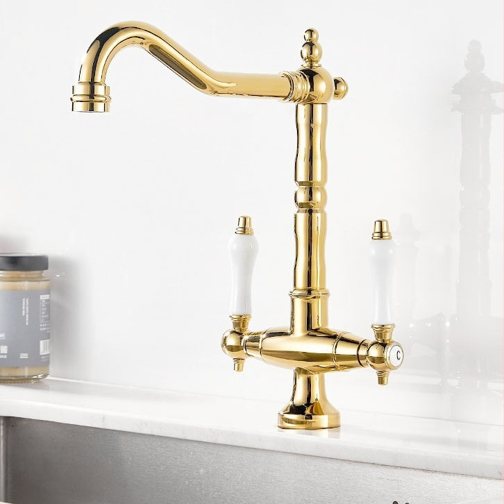 Virtuvės plautuvės čiaupas, dvigubo klasikinio dizaino, varinis korpusas, keramikos vožtuvas, įėjimas/išėjimas G1/2