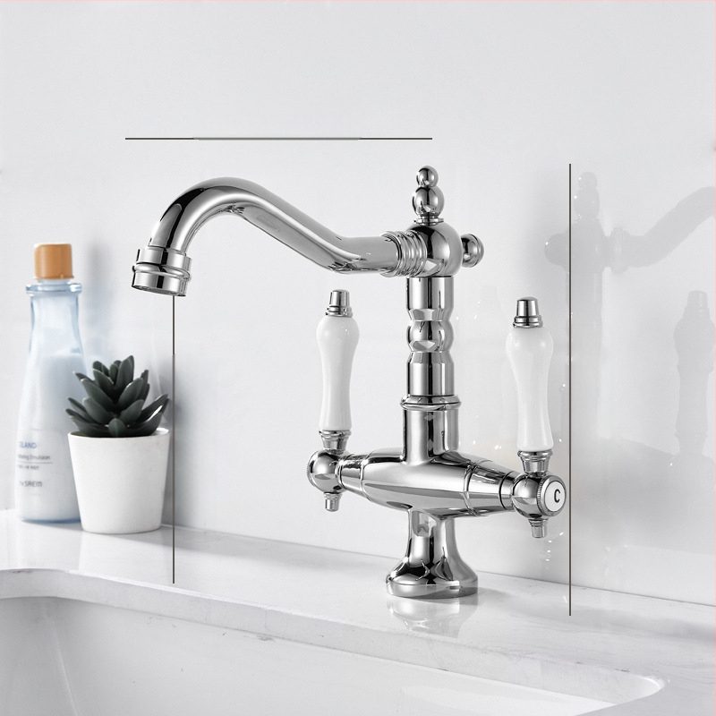 Virtuvės plautuvės čiaupas, dvigubo klasikinio dizaino, varinis korpusas, keramikos vožtuvas, įėjimas/išėjimas G1/2