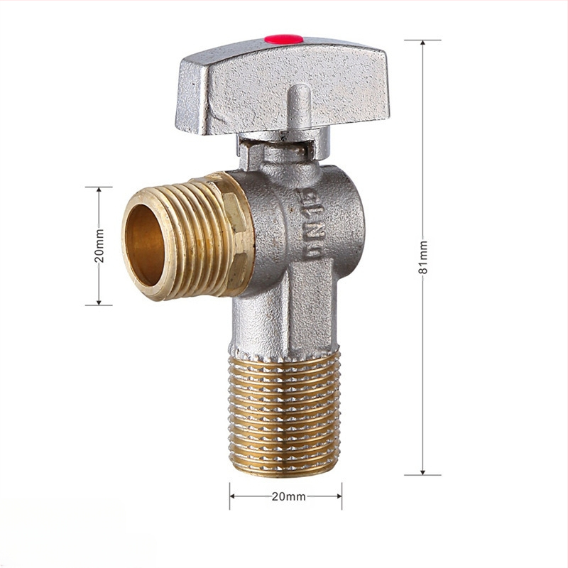 Месингов ъглов вентил за вграждане с голям поток и шаров клапан, за топла и студена вода; модел YLF1325; работно налягане 0.8 MPa; Ø20 мм; монтаж в стената; подходящ за тоалетни и бойлери